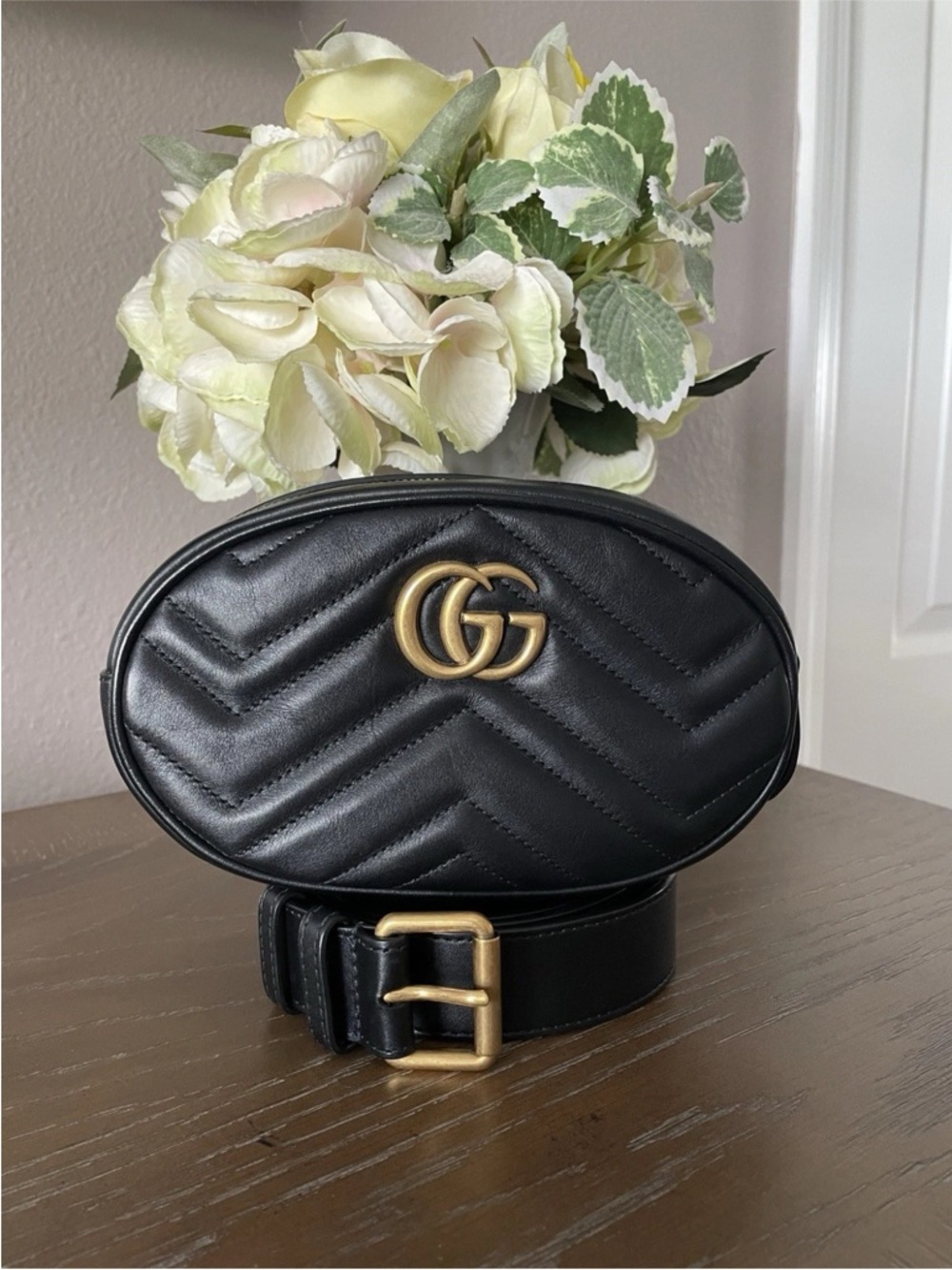 Gucci Black Leather GG Marmont Oval Belt Bag with Gold Hardware
